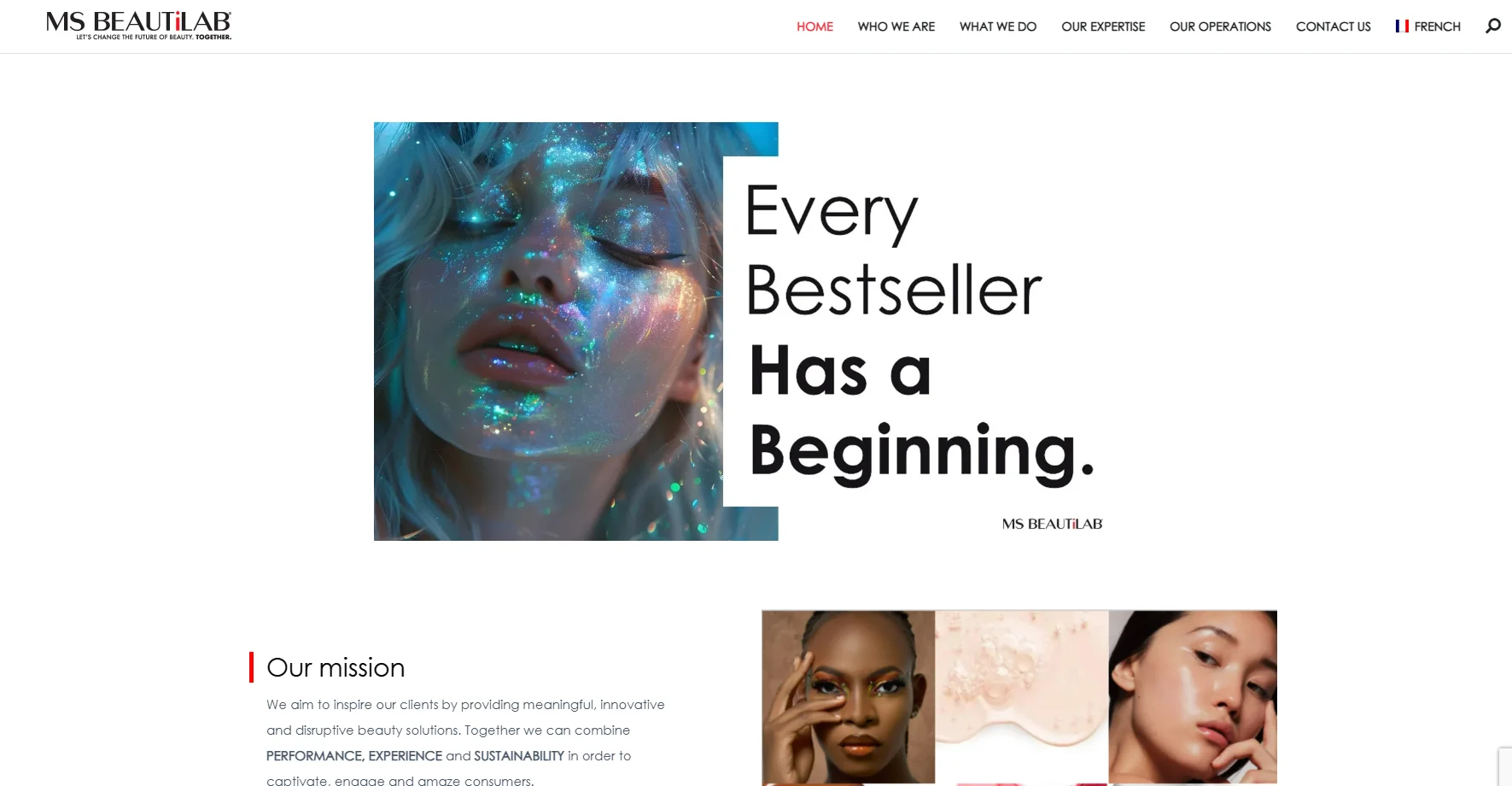 Banner with 'Every Bestseller Has a Beginning' slogan and MS Beautilab mission statement focused on beauty solutions.